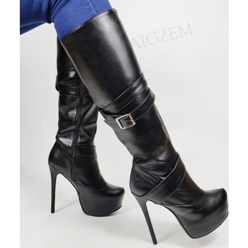 BERZIMER FASHION Women Knee High Heels Boots Men Women Stiletto High Heels Ladies Zip Up Shoes Woman Large Size 45 46 48 50 52