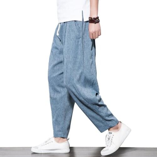 Streetwear Jogging Pants Men Cotton Linen Full Length Harem Casual Korean Trousers Male Fashion Lightweight Loose Clothing