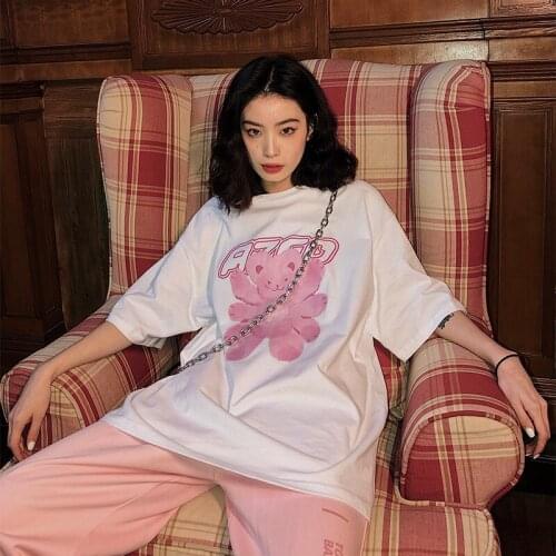 Summer Cotton Korean Style Kawaii Cartoon Print T-Shirt Female Round Neck Popular Urban Street Hip-Hop Cool Woman Blouse