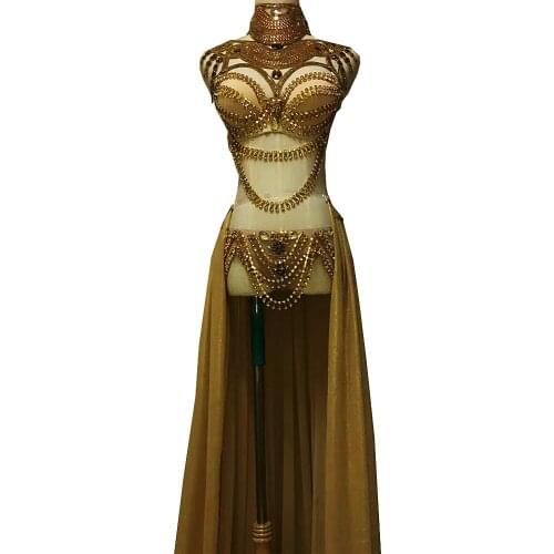 Sparkling Sequins Rhinestones Bikini Sets Mesh Gauze Trailing Embellished Diamonds Chain Costume Ladies Dance Costume Dance Wear