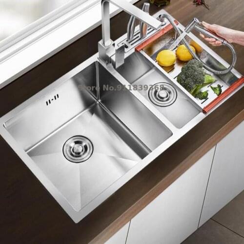 Kitchen Manual Double Trough 304 Stainless Steel Counter Top And Bottom Thickened Sink Sink Sink Sink Sink