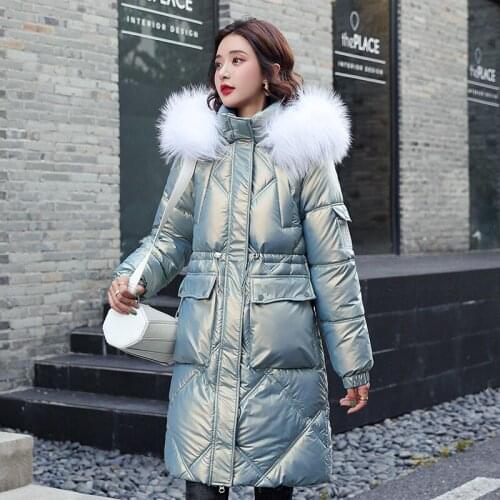 Glossy disposable down padded jacket womens mid-length style 2021 new Korean style loose large fur collar fashion padded jacket