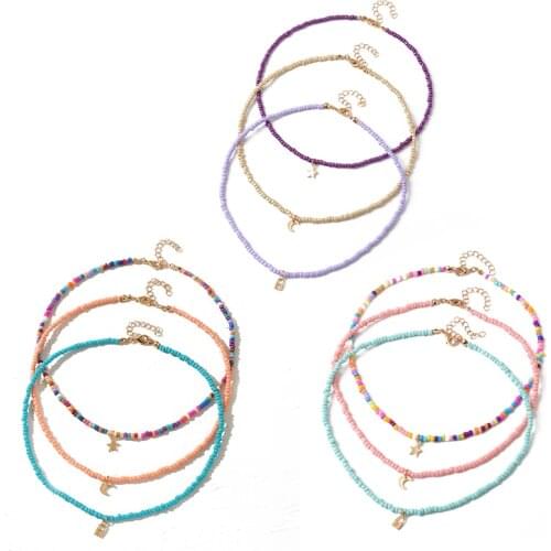 Fashion Boho Beads Choker Necklaces Womens Bohemian Neck Chain Candy Color Alloy Star Moon Pendant Necklace Jewelry For Girls
