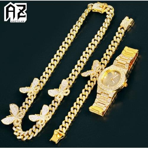 13mm Hip Hop Bling Iced Out Butterfly Cuban Chain Necklace Bracelet Watch Set For Men Gold Silver Color Goth Jewelry Drop Ship
