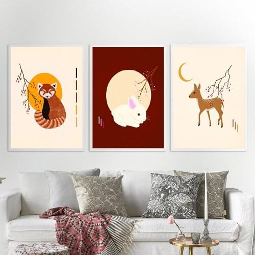 Nordic Abstract Japanese Animal Deer Rabbit Landscape Wall Art Posters Canvas Painting Prints Picture Modern Children Room Decor