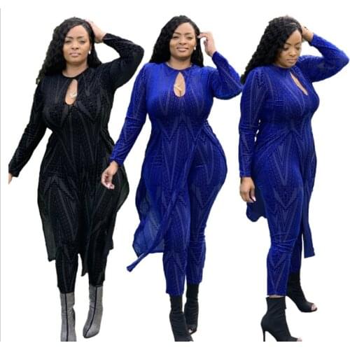 Nightclub Wear Women Irregular Flocking Two Piece Sets Winter Newest O-neck Long Tops High Waist Skinny Pants Sexy Outfits