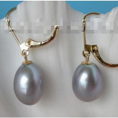 Genuine Dangle 13mm rice corn Gray pearl Earrings