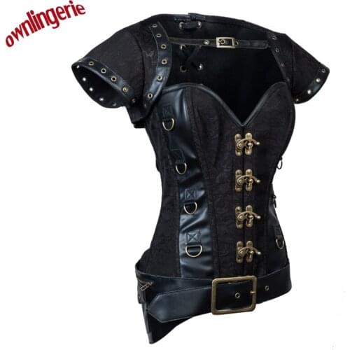 Punk Corselets Steel Bone Corset Steampunk Waist Control Corset Sexy punk black corset and punk bag and Four buttons W3496A