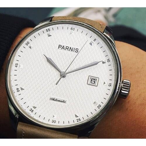 Parnis 43mm white dial silver hands date Automatic movement mens watch-PA07
