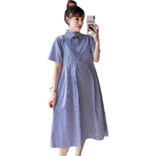 Maternity Dress Summer Pregnant Women Clothes Pregnancy Short sleeve Cotton Striped Shirt Style Dress