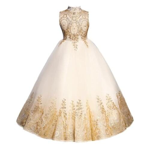 Golden Tulle Baby Girl Dress Sequin Lace Infant Christening Gown Newborn Baptism Clothing Infant 1 st Birthday Girl Party Wedding Dresses