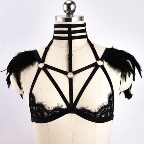Festival Feather Epaulettes Body Harness Black Natural Tribal Fusion Shoulder Pieces Bondage Costume Clothing Wing Shoulder