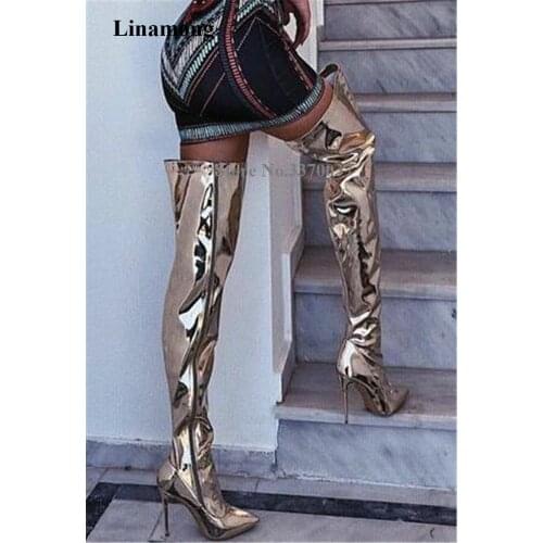 Sexy Women Pointed Toe Mirror Silver Gold Stiletto Heel Over Knee Boots Side Zipper-up Thigh Long High Heel Boots Evening Shoes