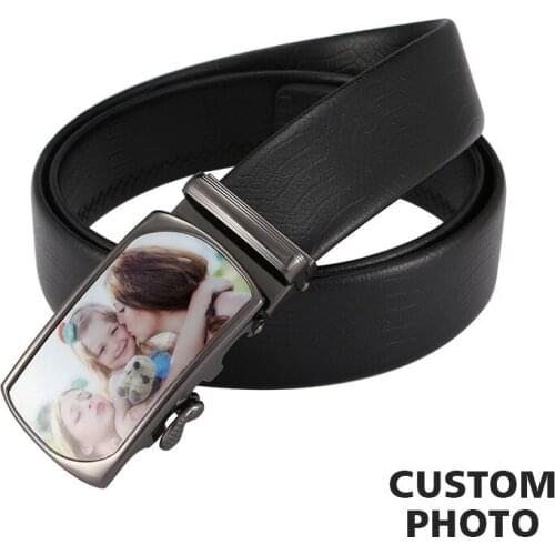 Custom Family Photo Belts Men Individual Belt Genuine Leather Automatic Buckle Belts Men 110CM Strap Male Metal Best Gifts