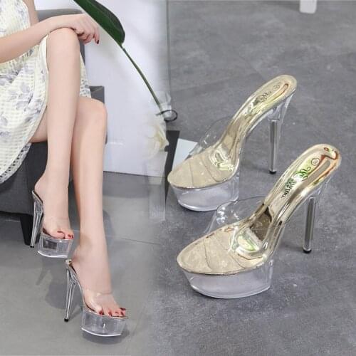 Slippers Summer Women Shoes 2019 New Sexy High heel Shoes 15CM Waterproof Table Slippers Transparent Crystal Shoes Wedding Shoes