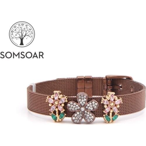 Somsoar Jewelry Coffee Mesh Stainless Steel Charm Bracelet set with Beautiful Flower Slide Charms as Best gift