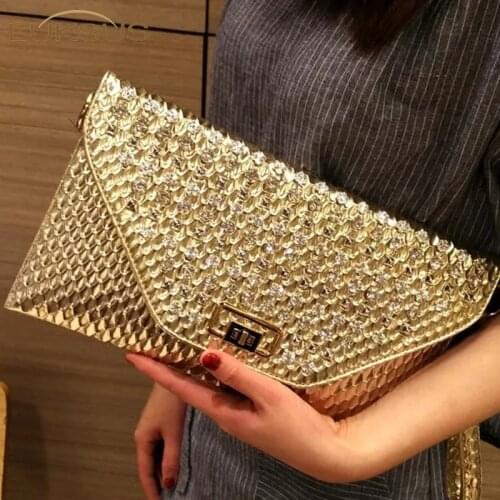 LUKSUS Shining Diamond Envelope Clutch Bags for Women White Gold Black Leather Female Crossbody Bag bolsos de mujer sac femme