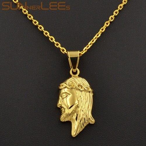 SUNNERLEES Fashion Jewelry Gold-Color Pendant Necklace Jesus Head For Mens Womens P18 Y