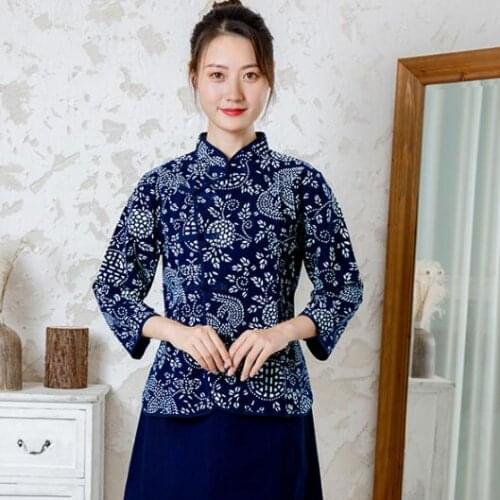Traditional Chinese Woman shirt Blue Blouse Chinese restaurant Work cloth Spring