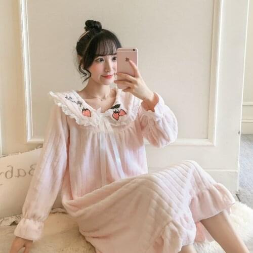 Thickened Nightdress Women Autumn Winter Flannel Lace Princess Long Dress Court Korean Version Nightgown Homewear Lady Sleepwear