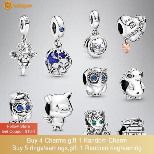 Volayer 925 Sterling Silver Bead Tree Monster Dragon Owl Chained Heart Fox & Rabbit Dangle Charms fit Original Pandora Bracelets