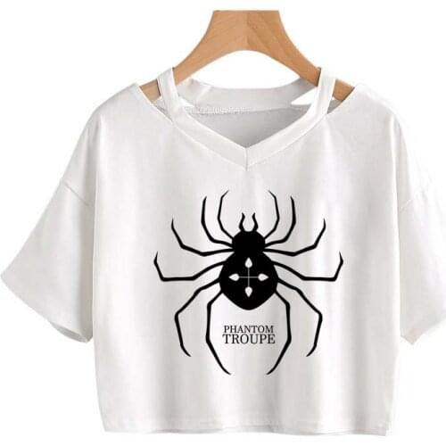 Japanese Hunter X Hunter Print Short Cropped Tshirts Woman Loose Short sleeve Crop Tops Harajuku Gothic V-neck Sexy Streetwear