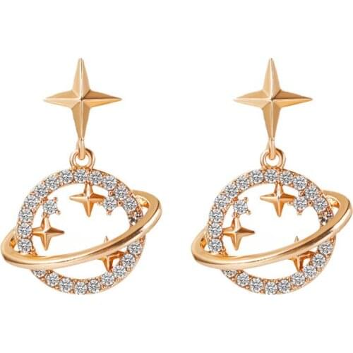 2021 New Fashion Gold Color Planet Dangle Earrings For Women Simple Round Hollow Rhinestones Saturn Ear Stud Female Jewelry Gift