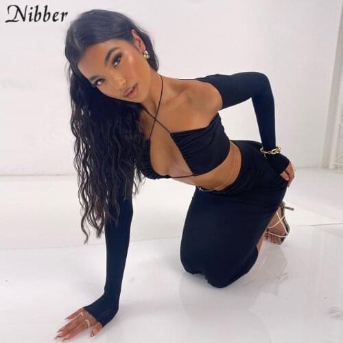 Nibber 2021Summer Solid Color Sexy Hollow Long Sleeve Backless Camisole Elegant Midi skirt 2 Two Piece Sets Womens