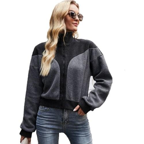 Autumn Winter Patchwork Polar Fleece Coat Zipper Up Turn Collar For Women Black And Gray Color Block Casual Streetwear