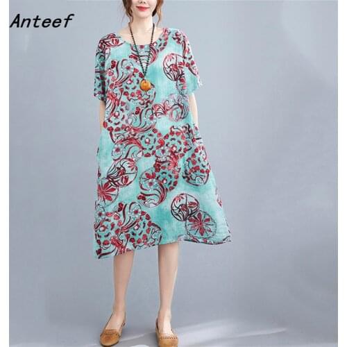Short sleeve cotton vintage floral dresses for women casual loose midi woman summer dress elegant clothes 2021