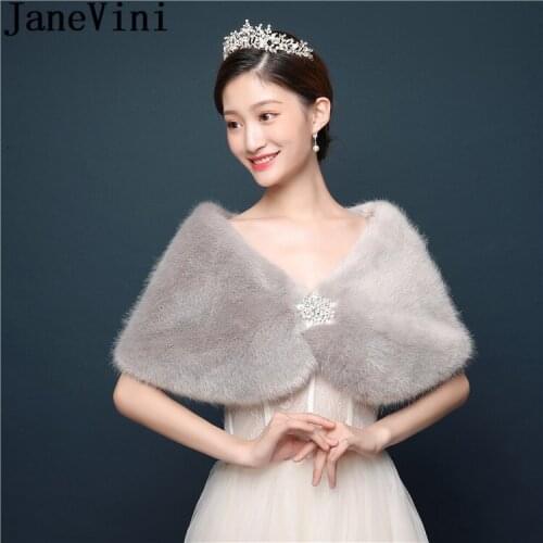 JaneVini Winter Gray Fur Evening Bolero for Women Beaded Pin Bridal Capes Stola Wedding Faux Fur Wrap Shawl Party Cloak Bolero