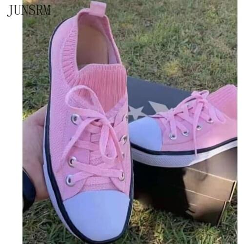 2021 spring and autumn casual soft-soled round toe knit elastic white shoes womens large size lace-up canvas shoes single shoes