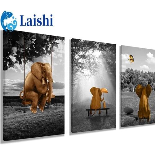 3pcs Black and white yellow elephant swinging Full Square Diamond DIY Diamond Painting Cross Stitch Picture of Rhinestones decor