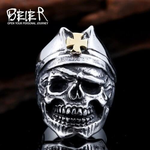 Beier new store 316L Stainless Steel men ring Red cross hat skull ring fashion jewelry LLBR8-423R