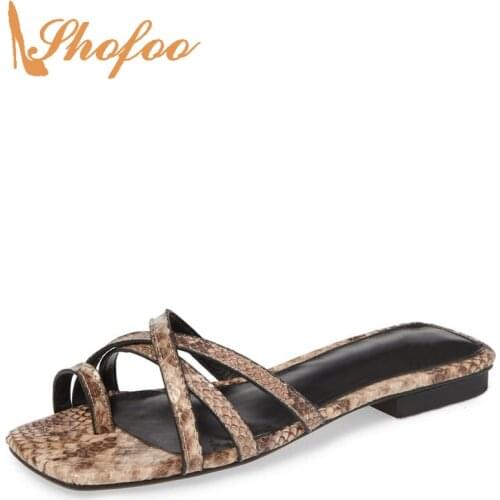 Snake Skin Prints White Outside Slippers Woman Flat With Narrow Band Open Low Toe Slides Large Size 11 15 Ladies Shoes Shofoo
