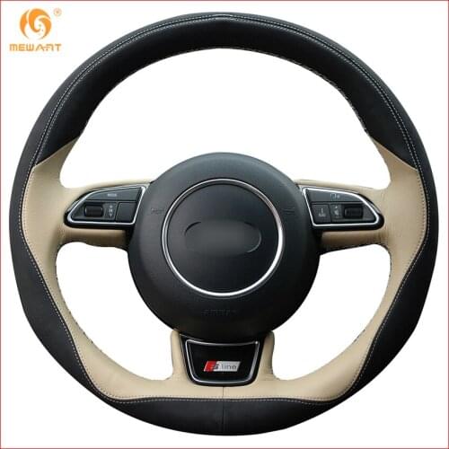 MEWANT Black Beige Leather Black Suede Car Steering Wheel Cover for Audi A1 A3 A5 A7 Interior Accessories Parts