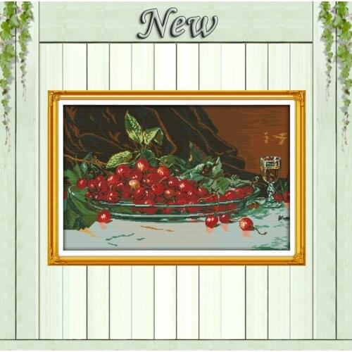 Oil painting cherries fruit home wall decor , counted print on canvas DMC Sets 11CT 14CT needlework embroidery Cross Stitch kits