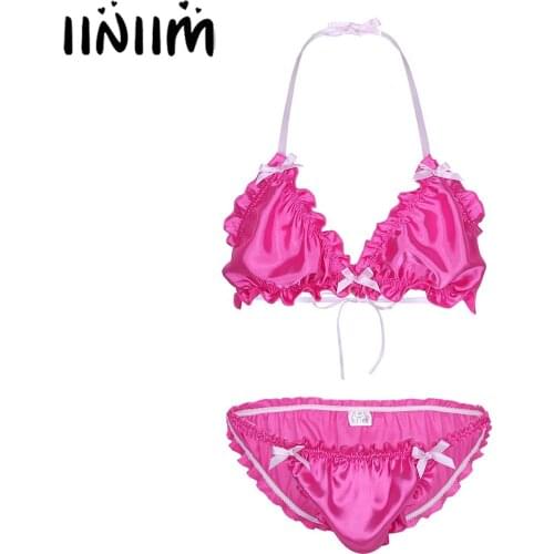 Men Erotic Bowknot Ruffled Frilly Shiny Sissy Lingerie Set Strappy Halter Backless Bikini Bra Top with Low Rise Briefs Underwear
