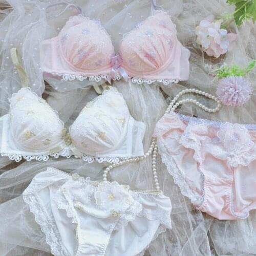 Sweet Girl Low Heart Water-soluble Bra Panty Embroidery Exquisite Deep V Comfortable Gathering Lingerie Set Thin Underwear