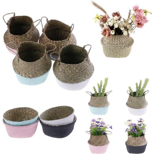 Handmade Storage Baskets Laundry Straw Patchwork Wicker Rattan Seagrass Belly Garden Planter Basket Pot Foldable