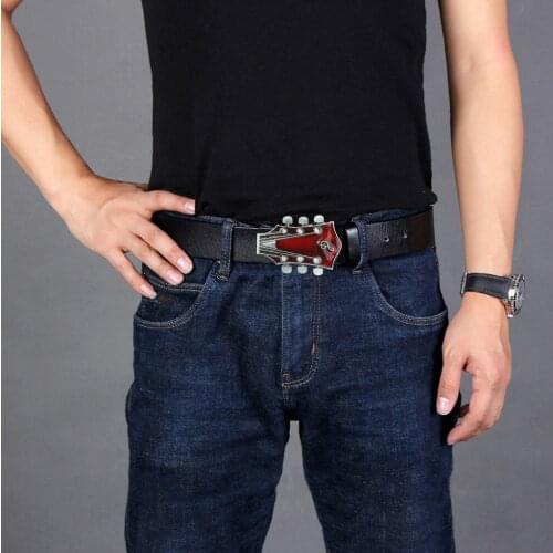 Fashion Vintage Style Western Guitar Shape Buckle Leather Belt for Unisex