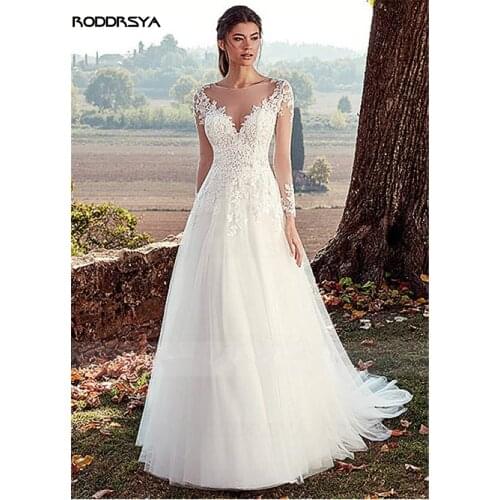 RODDRSYA Tulle Jewel Neckline A-line Wedding Dresses Illusion Back Lace Appliques Long Sleeves Bridal Dress vestido de noche