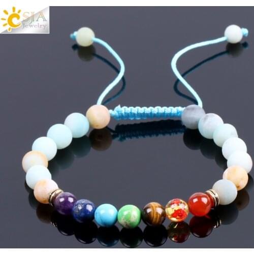 CSJA Fashion Natural Stone Amazonite Blue Braided Bracelets Reiki 7 Chakra Round Mala Beads Diffuser Energy Handmade Bangle F079