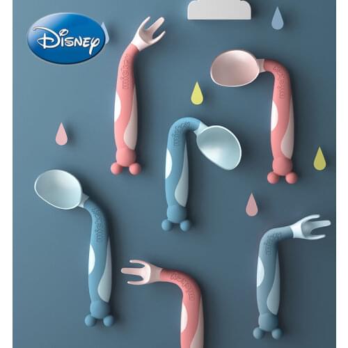 Disney Mickey Mouse Silicone Fork and Spoon Set Baby Food Supplement Children Tableware Storage Box