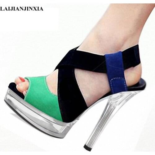 LAIJIANJINXIA New Sexy Flock 13 CM High Heeled Shoes Open Toe Mixed Colors Elastic Slip-on Womens Sandals Fashion Party Shoes