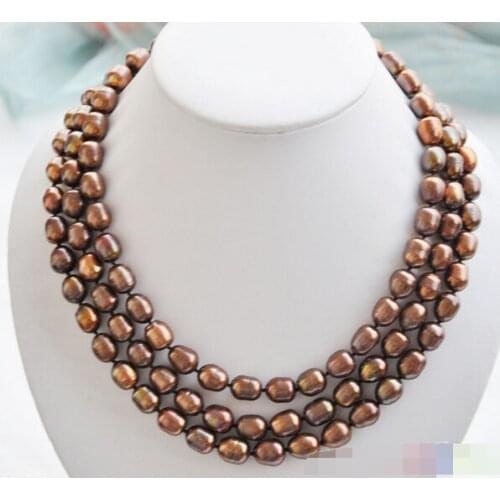 3row coffee rice FRESHWATER CULTURED pearl necklace