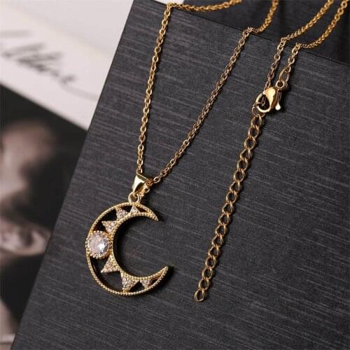 Trendy Womens Transparent Cubic Zirconia Hollow Moon Copper Metal Pendants Necklaces Ladies Stainless Steel Chain Necklace