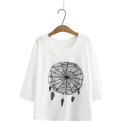 Plus Size XL-4XL Womens 3/4 Sleeve Cotton&Lace Summer Tshirts Large Size Vintage Tops Casual Shirts