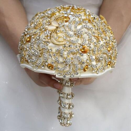 Luxury Gold/Wine Red Rose Artificial Flowers Bouquet With Diamond Romantic Bride Holding Flower Bouquet Wedding Party Decoration