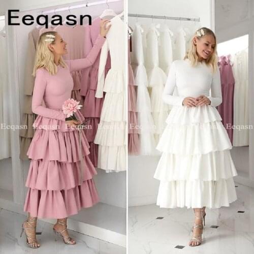 Chic White Tiered Prom Dresses Arabic Muslim 2020 Long Sleeve Tea Length Party Special Occasion vestidos de gala Plus Size
